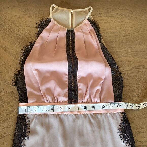 Three Floor Mauve, Pink, & Black Lace Halter Midi Dress with Skirt Pleating - Picture 9 of 11